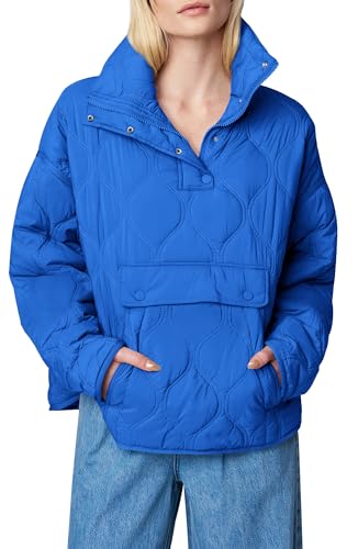 Yousify Womens Puffer Jackets Pullover Quilted Lightweight Jacket Long Sleeve Half Zip Coat with Pocket Blue 2XL