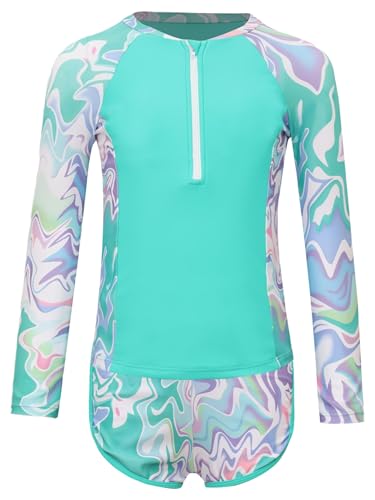 Kids Girls 2Pcs Rash Guard Long Sleeve Zipper Wave Striped Printed Swim Top with Shorts Bathing Suit