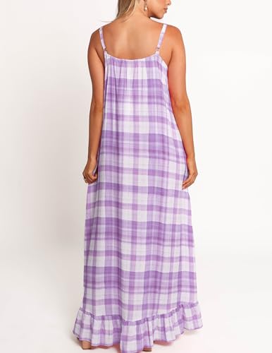 Image of LASPIA Spaghetti Strap Dresses for Women Plaid V Neck Maxi Sundress Beach Long Dress with Pockets