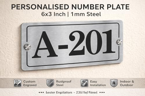 Image of Personalised Stainless Steel House /Door Number Plate 6x3 Inch | 1 mm Thick Steel Name Plate | Custom Home Address Sign Board for Home, Office, Flat