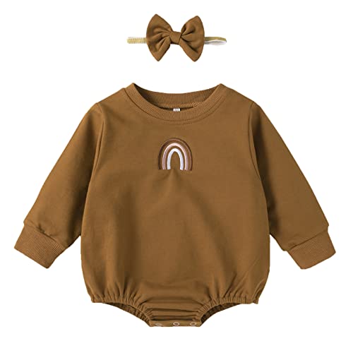 Image of DREAM BUS Newborn Baby Girl Clothes Sweatshirt Long Sleeve Oversized Romper Toddler Girl Fall Winter Sweater with Headband(Brwon,0-6months)