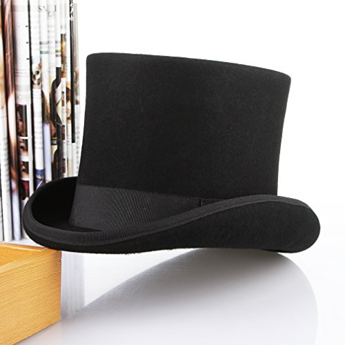 Gemvie Men 100% Wool Mad Hatter Satin Lined Black Top Hats 6.7" High Topper Hat #TOP3