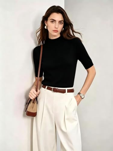 Image of Short Sleeve Mock Neck Turtleneck Sweater Tops Knit T Shirts Capsule Wardrobe Essentials