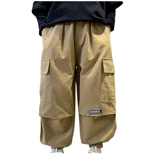 Boys Cargo Pants Casual Elastic Waist Pull On Trousers with Multi Pocket Soft Comfy Fashion Solid Color Outfits 8-14Y