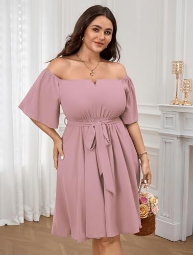 Image of SCOMCHIC Womens Plus Size Cocktail Dress Summer Off Shoulder Short Sleeve Flowy Ruffle A-Line Cute Mini Dress with Belt