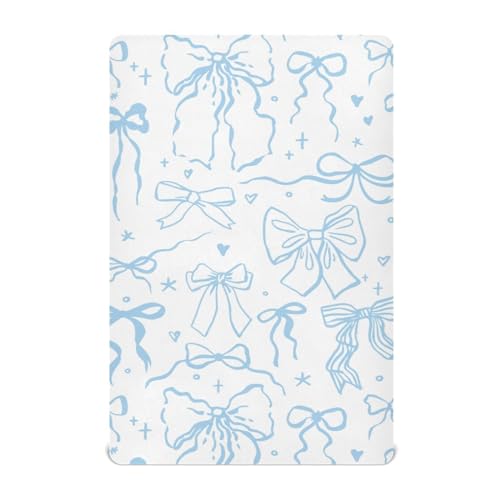 Image of Cartoon Doodle Blue Bows Fitted Crib Sheets Stretchy Portable Playard Sheets for Baby Toddler, Breathable Soft Mini Crib Mattress 52 x 28 in for Boys and Girls