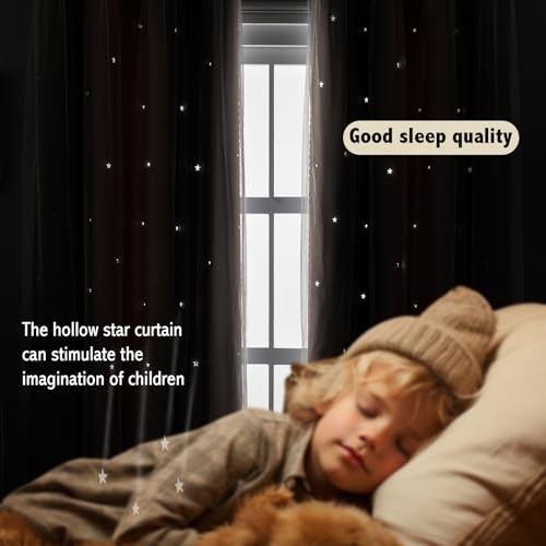 Image of indistar Cutout Blackout Window Curtains for Girls Kids Bedroom Double Layer Star Cut Out Gradient Stripe Curtains, 1 Panel (Pink /Grey W52 x L63 inch)