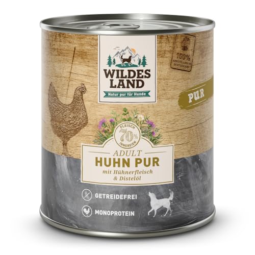 Wildes Land - Nassfutter für Hunde - Huhn PUR - 6 x 400 g - mit Distelöl - Getreidefrei - Extra hoher Fleischanteil von 70% - Beste Akzeptanz und Verträglichkeit