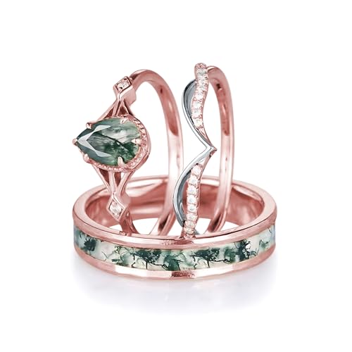 Natural Moss Agate Wedding Rings for Couple, 925 Sterling Silver 10K/14K/18K Gold Engagement Ring Sets for Him and Her, Customized 2pcs Green Anniversary Promise Bands for Men and Women 5