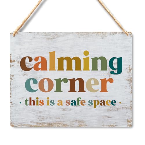 Calming Corner - Safe Space Hanging Wood Sign Plaque, Classroom & Office Decor, Calm Down Corner Decorations, Boho Style(Yellowish White), 10x8