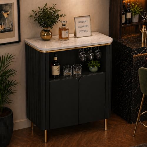 Image of The Attic Carlston Bar Cabinet, Hard and Soft Drinks Bar Storage Cabinet, Wine Wisky Scotch, Round Bar for Home, Black & Gold Finish