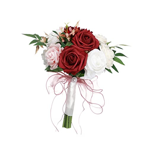 Milageto Hochzeit Brautstrauß Brauthandblume Tischdekoration Handgefertigter Hochzeitsstrauß Hochzeitsblume für Zuhause, Hochzeit, Kirche, Dekorationen, rot-Weiss