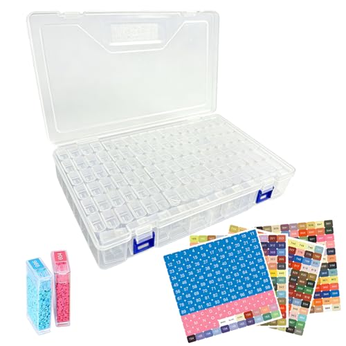 PORFOYO Boîte Diamond Painting Rangement 136 Pièces, Boîte Accessoires Diamond Painting avec Étiquettes Couleurs, Plateau Perles en Plastique, Brosse, Accessoires...