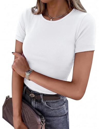 Demegimi Damen Sommer T-Shirt Slim Fit Rundhals Geripptes Basic Shirt Figurbetont aus Viskose Kurzarm Oberteil für Büro Freizeit