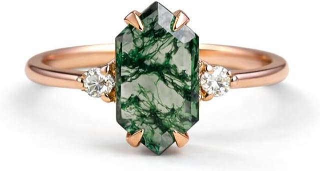 14K Rose Gold Moss Agate Ring for Women Hexagon Cut Moss Agate with Diamond Side Stones Handmade Nature Inspired Engagement Ring Gift for Her