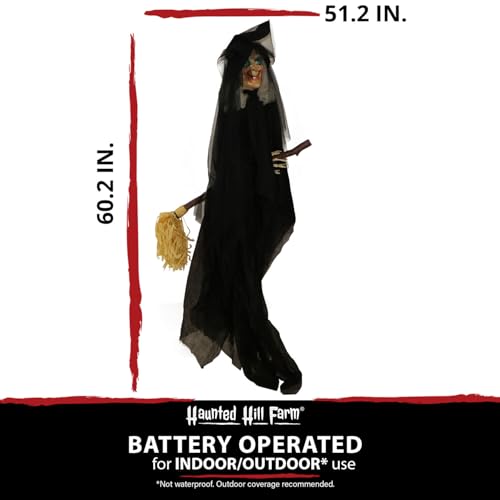 Haunted Hill Farm Witch on Broom Animatronic, Halloween Prop with 4 Voice Greetings, Animated Head, Flashing Red Eyes, Touch Activated and Battery Operated Decoration