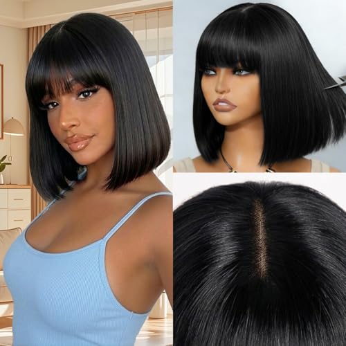 ZHENGON Bob Wig Human Hair with Bangs 200 Density Glueless Wigs Ready to Wear Beginner Friendly 3x1 HD Straight Lace Closure Wigs for Women Natural Black 10 Inch