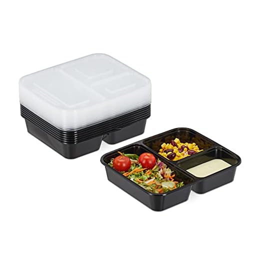 Relaxdays Meal Prep-lådor, set om 10, 3 fack, 1000 ml, mikrovågsugnssäker, plastmatlåda med lock, svart
