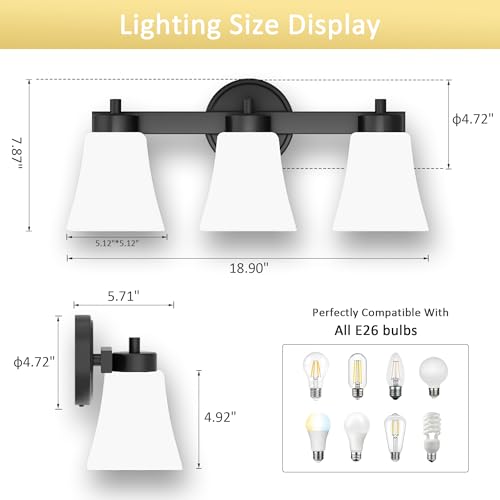 Image of Black Bathroom Vanity Light Fixtures - Rustic Brushed Nickel 3 4 5 Bulb Lights Fixture Over Mirror - Kitchen Glass Wall Sconce For Over Sink Gold - Small Modern Farmhouse Bath Lighting Sconces