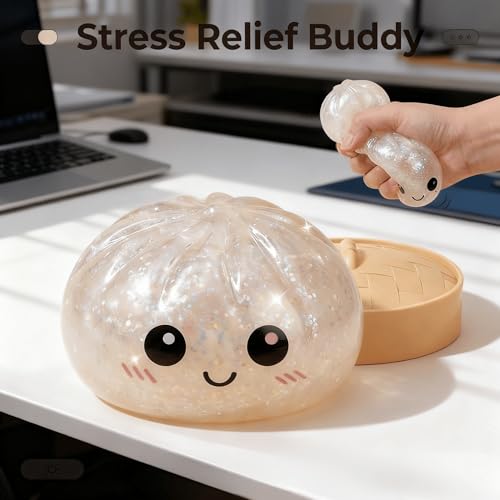 Image of Dumpling Squishy, Glitter Dumpling Squishy, Squishiest Dumplings with Steamer Box, Stress & Anxiety Relief Toys for Kids & Adults Non-Edible (Glitter White)