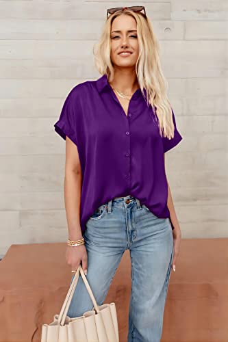 Pausus Satin Button Down Shirts for Women Short Sleeve Office Blouse Casual Business V Neck Silk Tops Slim Fit S-XXL2