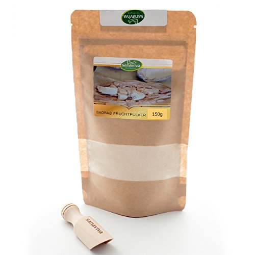 Baobab Pulver sanaviva veganes Superfood - reines Bio Naturpulver reich an Antioxidantien und Ballaststoffen - 150g Baobab + Holzlöffel