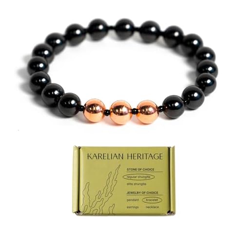 Karelian Heritage Shungite Stone Copper Bracelet with 3 Plated Beads | Shungite Protection Jewelry for Men and Women | Copper Plated Healing Crystal Meditation Bracelet for Spiritual Practice SBM01M Cover