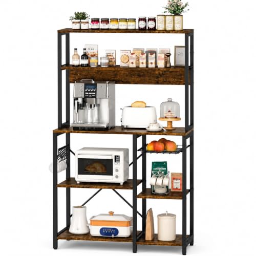 Image of 5-Tier Kitchen Storage Rack | Microwave Stand with Organizer | Kitchen Shelf Unit | Coffee Bar Organizer | Heavy Duty Metal & Wood Cabinet | Rustic Brown | 90x40x150 cm