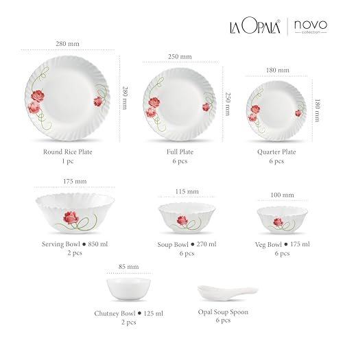Image of La Opala Novo Collection Opal Glass Crockery | for Family of 6 | Dinner Set 35 pcs Dainty Swirls | Plates & Bowls for Dining | Microwave Safe | 100% Vegetarian | Extra Strong | Light & White