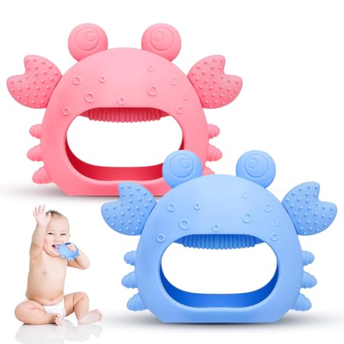 Image of Anboor 2 Pack Baby Teething Toys,Silicone Teethers for Babies 0-6 Months Anti Dropping Hand Teether,Infant Baby Chew Toys for Teething Relief,Ideal Thing for Newborn Soon-to-be Mothers (Pink&Blue)