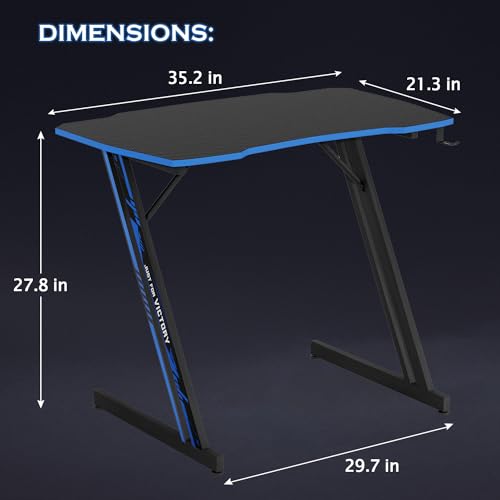 Image of PayLessHere | 35 inch Gaming Table | Blue | Z-Shaped Computer Desk with Steel Frame, Headphone Hook, Adjustable Feet | Carbon Fiber Texture Surface, Sweat & Waterproof | for Gaming, Home Office