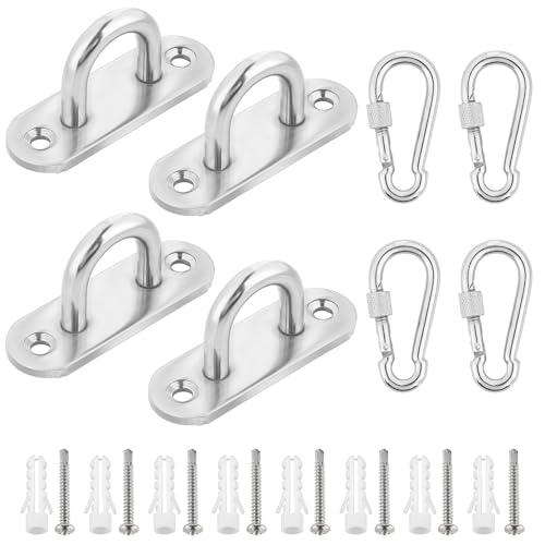 Augplatte Edelstahl und Karabiner, 4 Stück Deckenhaken, Decksplatte mit Dehnungsrohr und Schrauben, Augplatte mit Öse, Ösenplatte für Aufhängung Hängesessel, Hängematte, Boxsack
