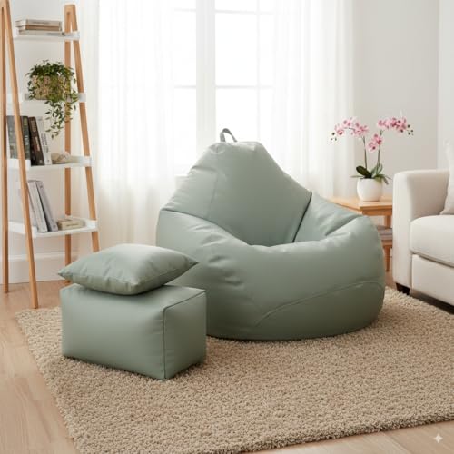 Image of 4XL Premium Leatherette Bean Bag with Rectangular Footrest & 16x16 Inch Cushion | High Density Beans Filled | Side Pocket & Easy to Carry Handle | 6 Months Warranty Color- (Pastel Green, 4XL)