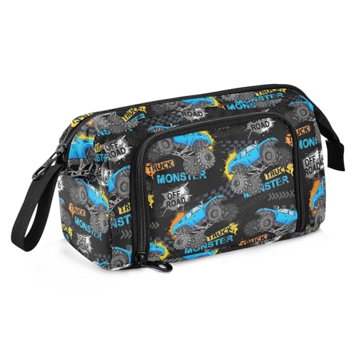Image of Monster Truck Print Pencil Case Pouch Big Capacity Pencil Bag Box Organizer Pen Case with Compartmens Stationery Organizer for Girls Boys Women School College Office