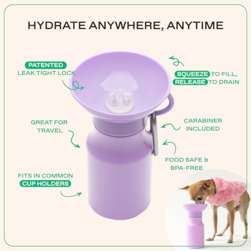 Image of Springer Dog Water Bottle | Portable Travel Drinking Feeder Dispenser for Dogs & Puppies | As Seen on Shark Tank | Leak-Proof Bowl | BPA-Free | Outdoor Walking, Hiking & Travel | 15oz Lilac