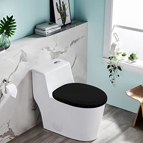 Toilet Lid Cover, Bathroom Stretch Spandex Washable Toilet Lid Seat Protector Cover with Elastic Bottom, Black
