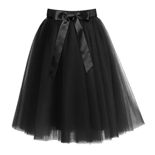 Tüllrock Damen Lang, 50Er Ballett Unterrock mit Schleife, Tüllrock Knielang Tütü Rock, Elastische Hohe Taille Ballettrock Petticoat Tanzkleidung,...