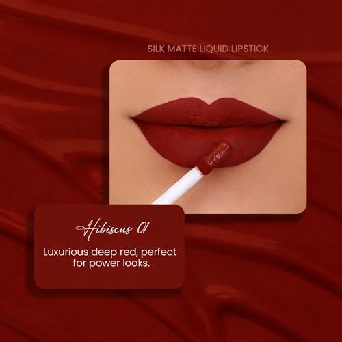 Image of Parul Garg Beauty Silk Matte Liquid Lipstick | Long-Lasting & Smudge-Proof | Soft Matte Finish | Vegan & Clean Beauty | Hydrates with Shea Butter & Vitamin E | Shade: Hibiscus 01 - Deep Red, 3ml