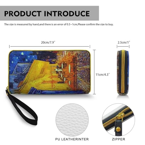 Art Women's Leather Large Capacity Zip Around Wallet, Cafe Terrace at Night Print Slim Long Credit Card Holder Phone Purse, Travel4