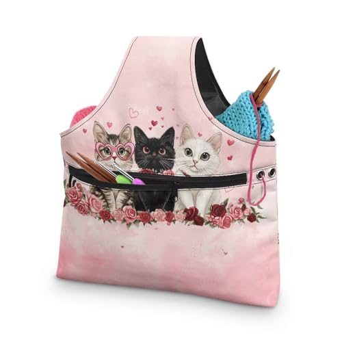 Image of KUIFORTI Kitten Knitting Yarn Bag Valentines Day Rose Crochet Bags for Women Knitting Needles, Yarns and Unfinshed Project, Crochet Hook Organizer Holiday Decoration