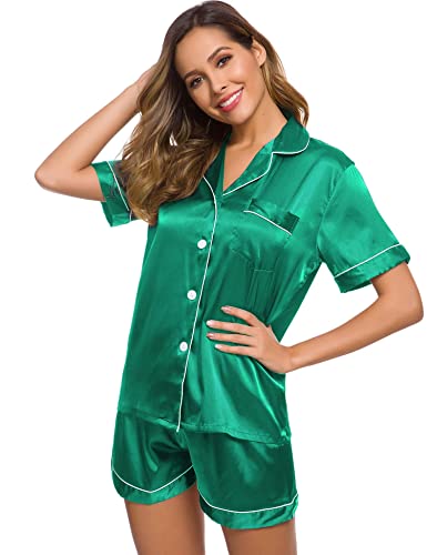 Image of SWOMOG Womens Silk Satin Pajamas Set Short Sleeve Sleepwear Button Down Top and Shorts Loungewear 2 Piece Pjs Set XS-3XL