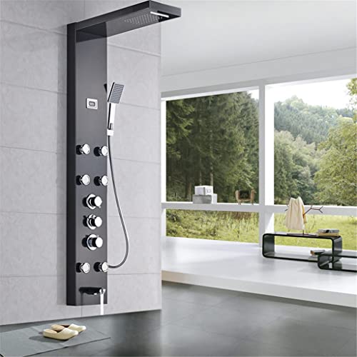 Mjwdp Waterfall 6Pc Massage Jets Rain Shower Column Thermostatic Mixer Shower Faucet Tower W/Hand Shower Tub Spout Black Shower Panel (Color : A) #TOP26