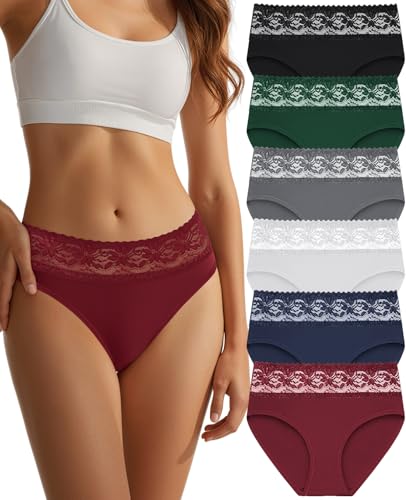 Womens Underwear Cotton Lace Bikini Panties Stretch Soft Breathable Briefs Comfortable Hipster Underpants 6 Pack