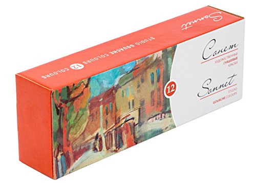 Sonnet Couleurs gouache de haute Qualité (12 x 40ML) | Peinture gouache à base d'eau en 12 belles couleurs riches en pigments | Fabriqué par Nevskaya Palitra