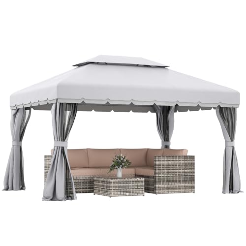 Outsunny 10' x 13' Patio Gazebo, Outdoor Gazebo Canopy Shelter with Netting and Curtains, Aluminum Frame for Garden, Lawn, Backyard and Deck, Light Gray