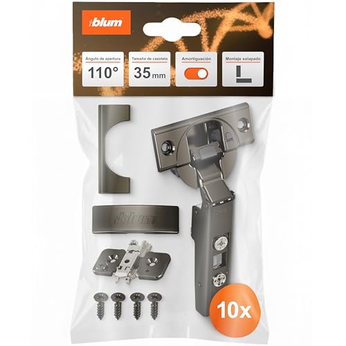 BLUM 10 bisagras para muebles, 110° en ónix, rectas, con muelle, tornillos, tope de esquina + clip Blum Clip placa de montaje en cruz excéntrica, acero, tornillos, distancia 0 mm (10 juegos)