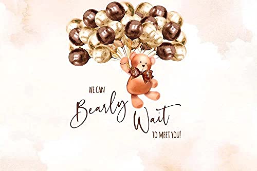 Fondo de 5 x 3 pies con diseño de oso de peluche para baby shower, We Can Bearly Wait to Meet You, fondo de globos de acuarela marrón, pancarta de baby shower, póster mural de mesa de pastel W-5542 Cover