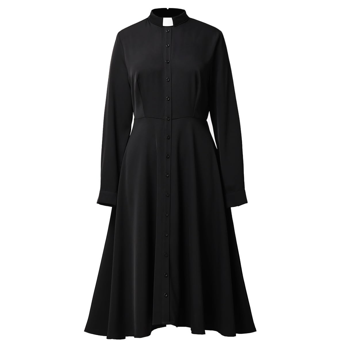 FAD-4U Church Clergy Dress for Women Long Sleeve Rows Buttons A Line Dress with Tab Collar