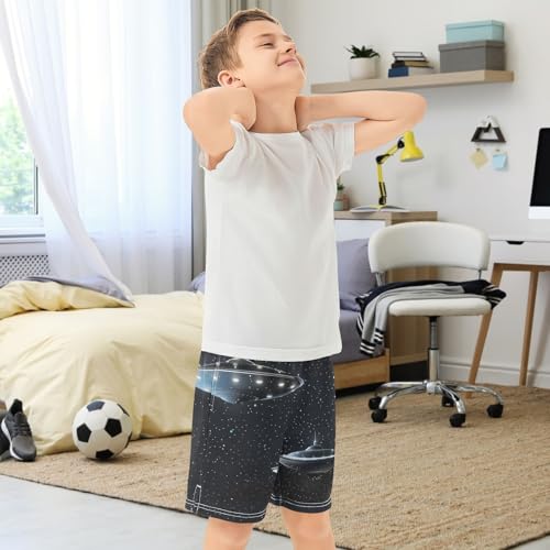Boys Athletic Shorts with Pockets Spaceship Star Running Basketball Shorts for Youth Elastic Waist Size 7-83