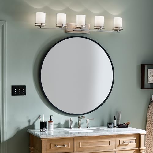 Image of Kichler Hendrik 43 inch Vanity Light in Brushed Nickel, 5-Light Modern Bathroom Vanity with Satin Etched Cased Opal Glass, (43 inch W x 7.75 inch H), 5085NI
